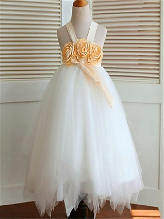 Hand-made Tea-Length Sleeveless Gown Tulle Flower Straps Ball Flower Girl Dresses