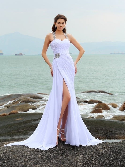 Straps Beading Sheath/Column Chiffon Sleeveless Long Beach Wedding Dresses