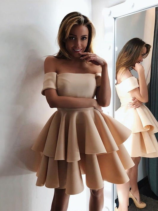 Off-the-Shoulder Layers A-Line/Princess Sleeveless Satin Short/Mini Homecoming Dresses