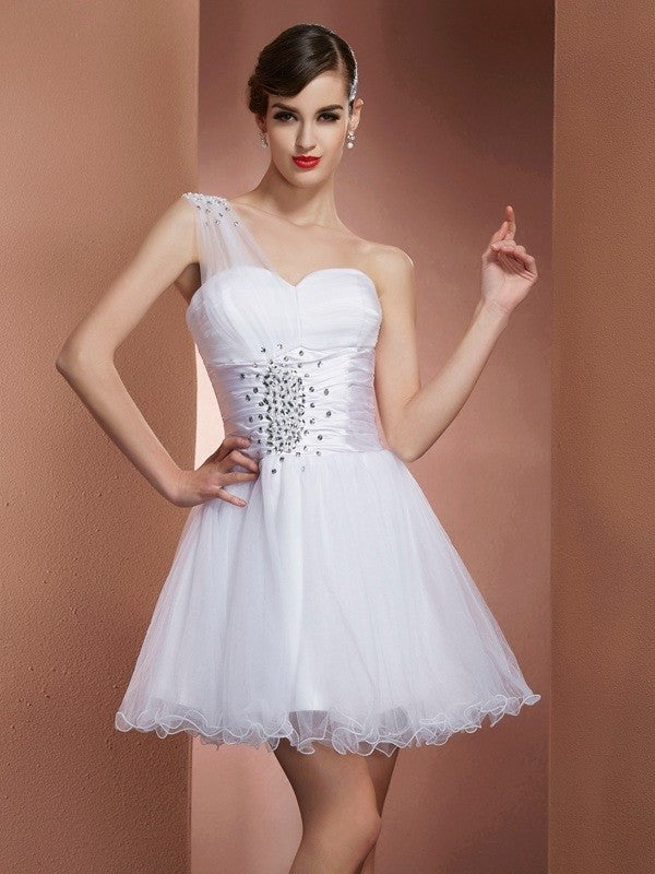 Beading A-Line/Princess Sleeveless One-Shoulder Short Net Homecoming Dresses