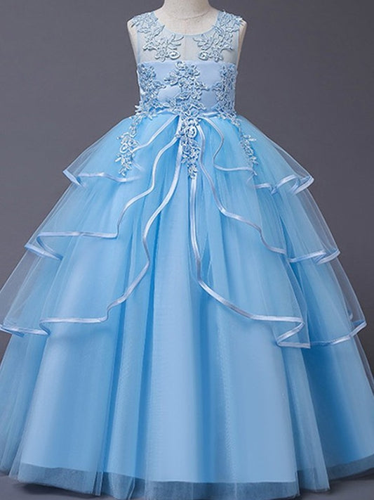 Sleeveless Applique Tulle Scoop Floor-Length A-Line/Princess Flower Girl Dresses