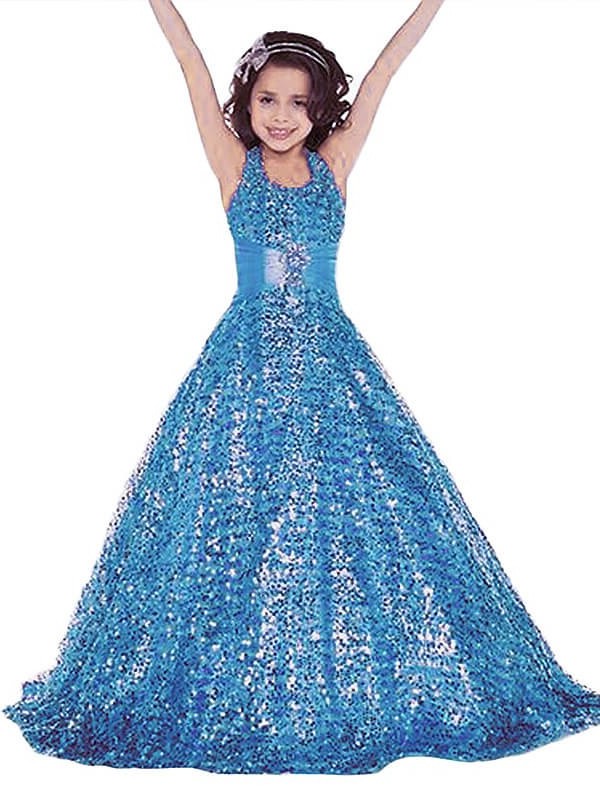 Sequins Floor-Length Sleeveless Gown Ball Halter Flower Girl Dresses