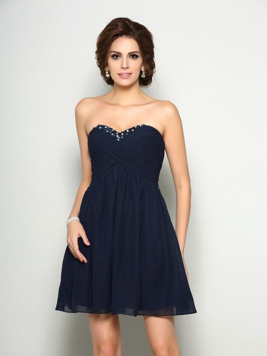 Beading Short Sleeveless Sweetheart A-Line/Princess Chiffon Homecoming Dresses