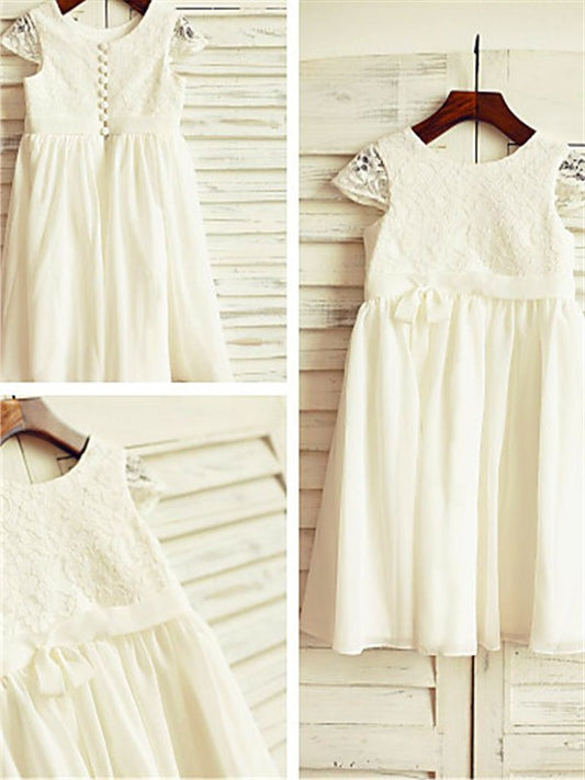 A-line/Princess Lace Short Scoop Chiffon Sleeves Tea-Length Flower Girl Dresses