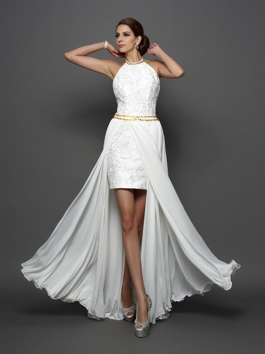 High Lace Sleeveless A-Line/Princess Neck Long Chiffon Wedding Dresses