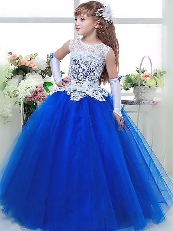 Sleeveless Tulle Ball Lace Jewel Floor-Length Gown Flower Girl Dresses