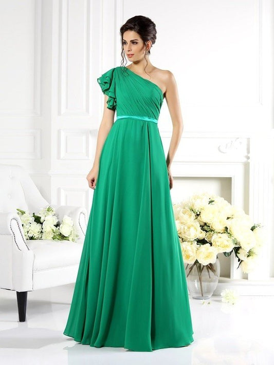 Ruffles One-Shoulder A-Line/Princess Sleeveless Long Chiffon Bridesmaid Dresses