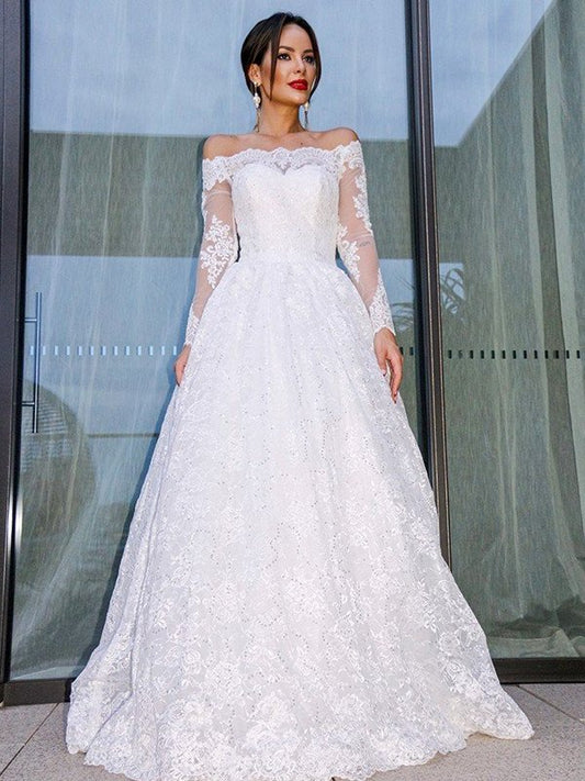 Bateau Sleeves Gown Lace Ball Long Floor-Length Wedding Dresses