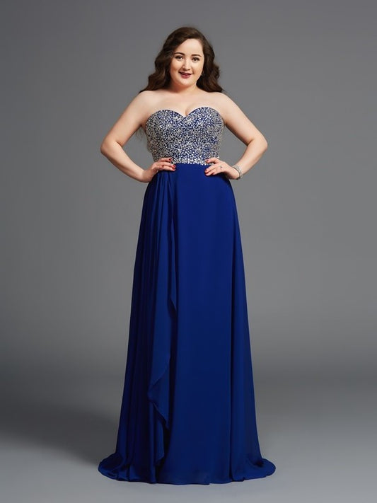 Rhinestone Sleeveless A-Line/Princess Long Sweetheart Chiffon Plus Size Dresses