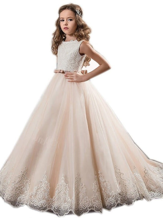 Sweep/Brush Train Lace Tulle Ball Gown Jewel Sleeveless Flower Girl Dresses