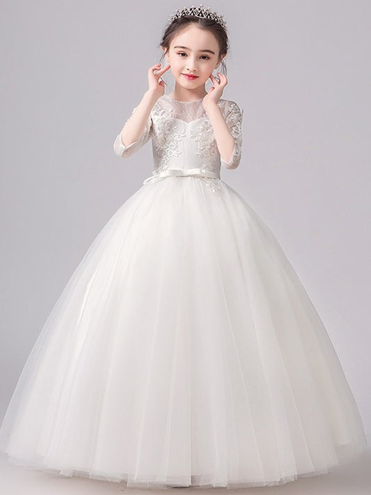 Bowknot Scoop A-Line/Princess 3/4 Floor-Length Sleeves Lace Flower Girl Dresses