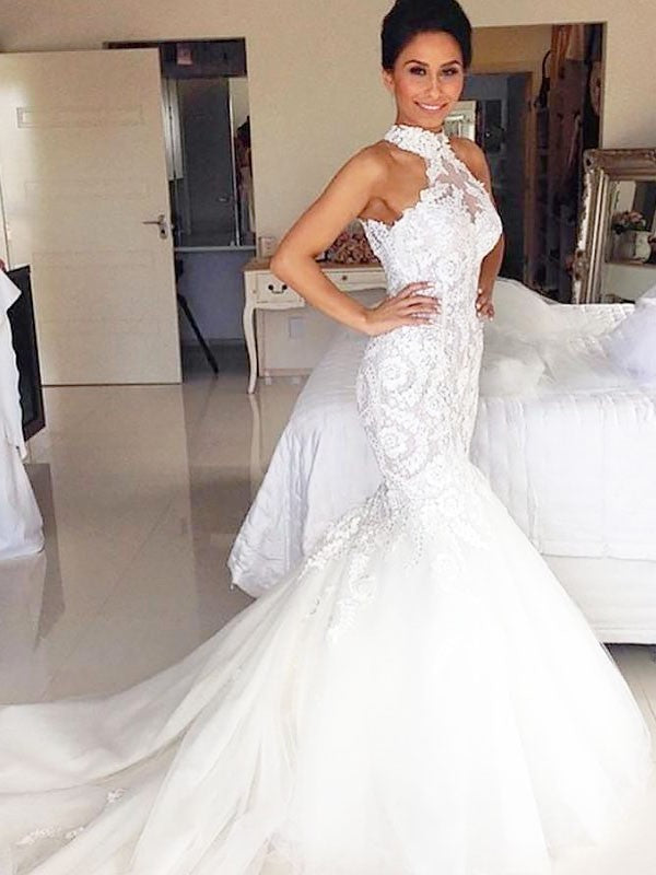 Train Tulle Court Halter Trumpet/Mermaid Sleeveless Wedding Dresses