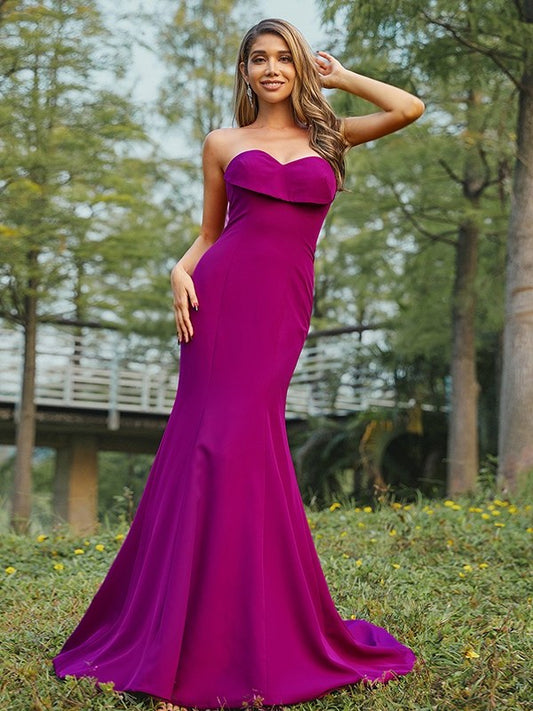 Sheath/Column Sweetheart Stretch Sweep/Brush Ruched Sleeveless Crepe Train Bridesmaid Dresses