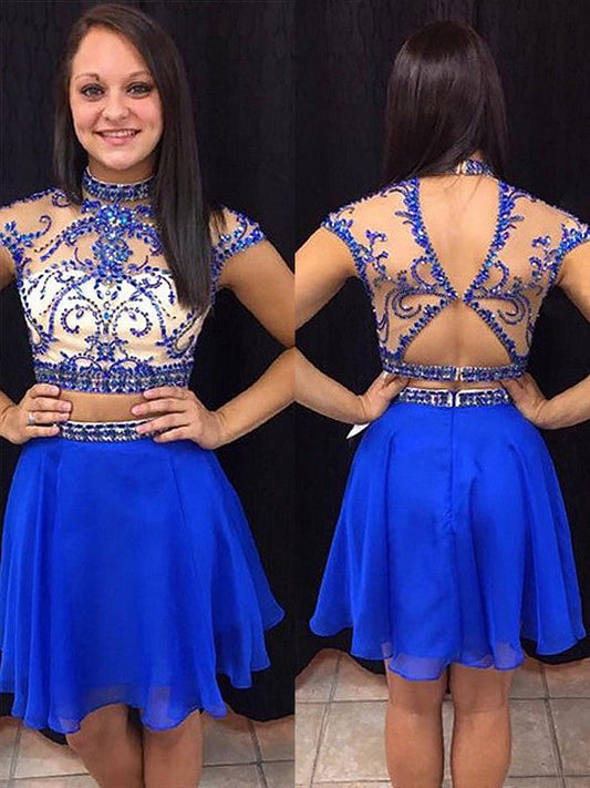 A-Line/Princess Sleeveless High Neck Beading Mckenna Chiffon Short/Mini Two Piece Dresses Homecoming Dresses