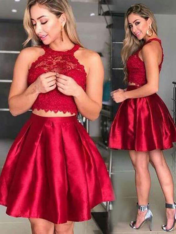 A-Line/Princess Homecoming Dresses Sleeveless Halter Siena Satin Lace Short/Mini Two Piece Dresses