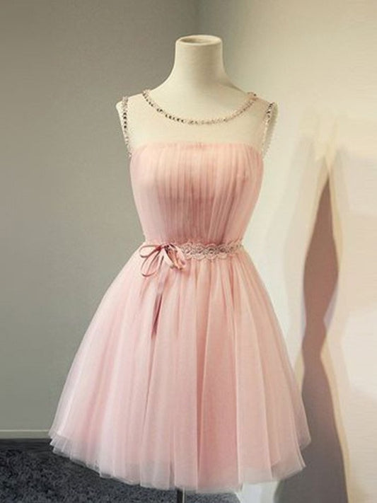 Scoop Sleeveless Tulle Beading A-Line/Princess Short/Mini Homecoming Dresses