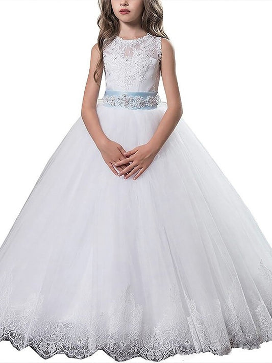 Ball Gown Scoop Floor-Length Applique Tulle Sleeveless Flower Girl Dresses