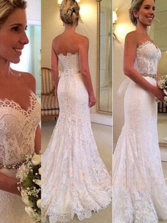 Sweep/Brush Sweetheart Applique Sleeveless Trumpet/Mermaid Train Lace Wedding Dresses