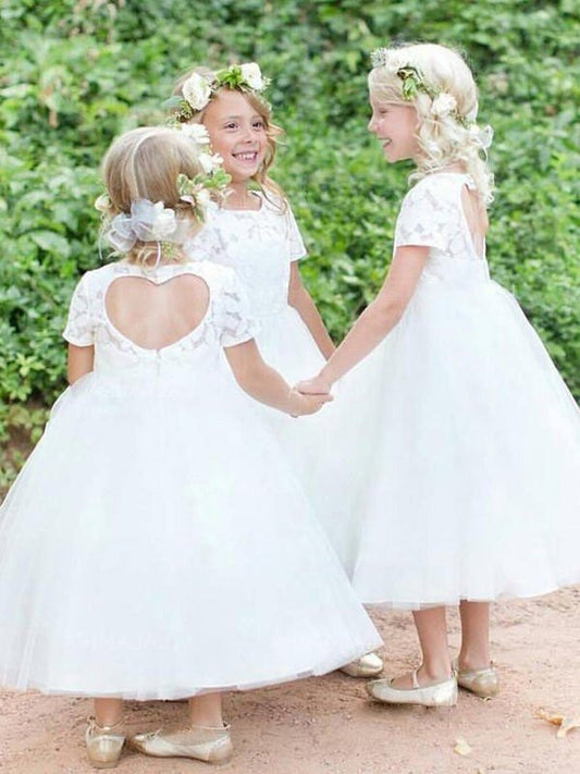 Ball Lace Tulle Tea-Length Short Sleeves Scoop Gown Flower Girl Dresses