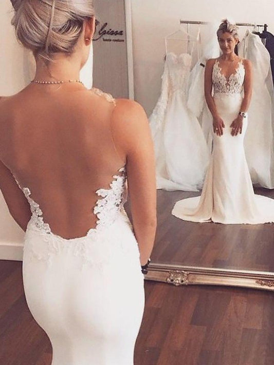 Court Sleeveless Trumpet/Mermaid Scoop Spandex Applique Train Wedding Dresses