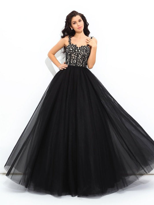 Straps Ball Sleeveless Applique Gown Long Net Quinceanera Dresses