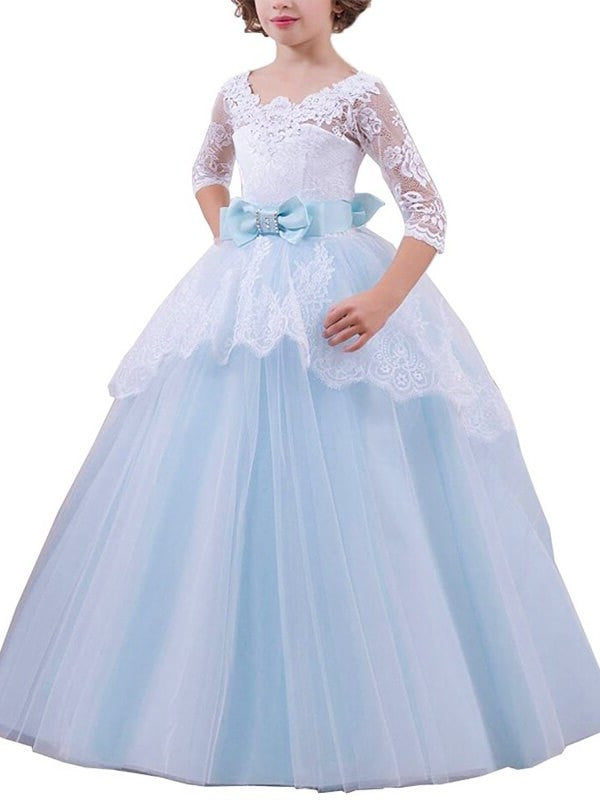 Gown Ball 1/2 Sleeves Tulle Lace Jewel Floor-Length Flower Girl Dresses