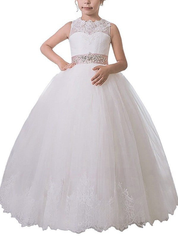 Gown Sleeveless Scoop Floor-Length Tulle Ball Sash/Ribbon/Belt Flower Girl Dresses