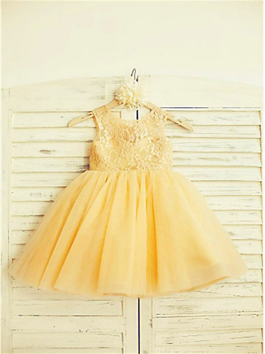 Tea-Length Tulle Lace Scoop A-line/Princess Sleeveless Flower Girl Dresses