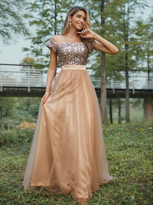 Off-the-Shoulder A-Line/Princess Tulle Sleeveless Sequin Floor-Length Bridesmaid Dresses