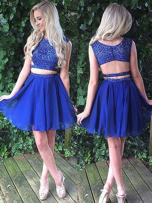 A-Line/Princess Emmy Scoop Sleeveless Short/Mini Chiffon Two Piece Dresses Homecoming Dresses