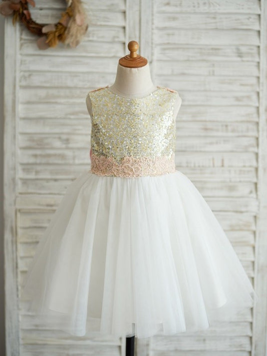 A-Line/Princess Knee-Length Sequin Sleeveless Tulle Scoop Flower Girl Dresses