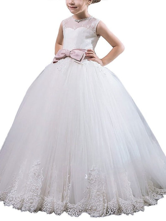 Tulle Sleeveless Sash/Ribbon/Belt Gown Floor-Length Ball Scoop Flower Girl Dresses