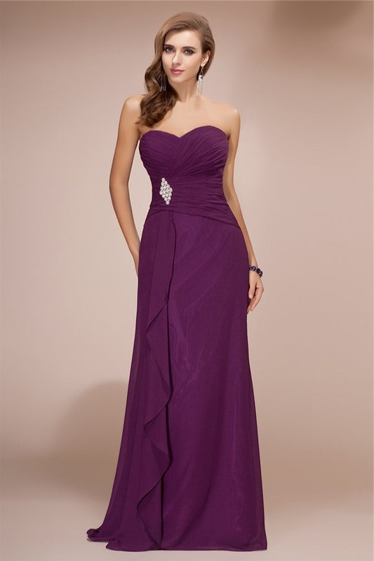 Sleeveless Sweetheart Beading Ruffles Sheath/Column Long Chiffon Bridesmaid Dresses