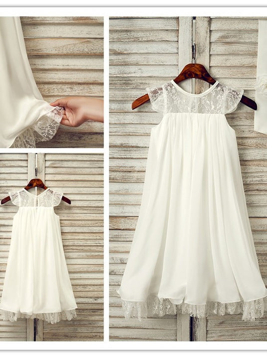 A-Line/Princess Scoop Chiffon Lace Tea-Length Sleeveless Flower Girl Dresses