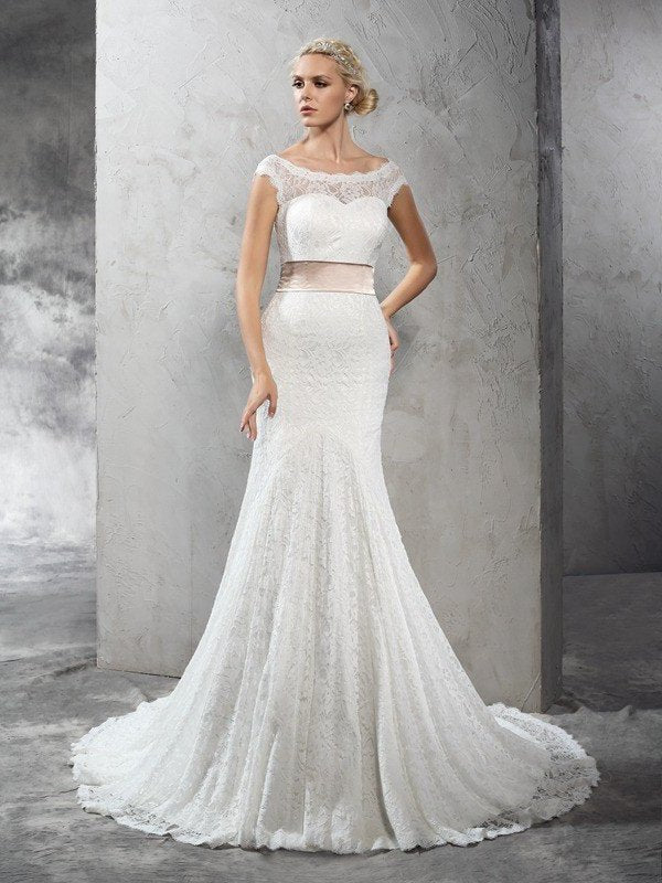 Sleeveless Long Neck Sheer Sheath/Column Sash/Ribbon/Belt Lace Wedding Dresses