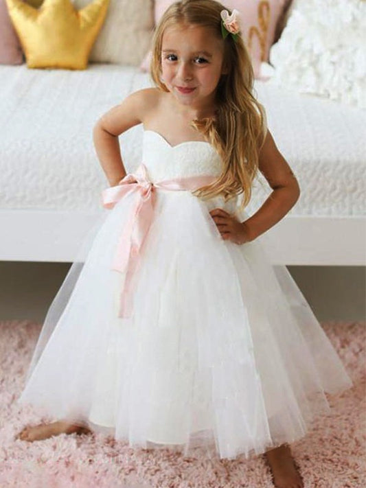 Ankle-Length A-Line/Princess Sweetheart Tulle Sash/Ribbon/Belt Sleeveless Flower Girl Dresses