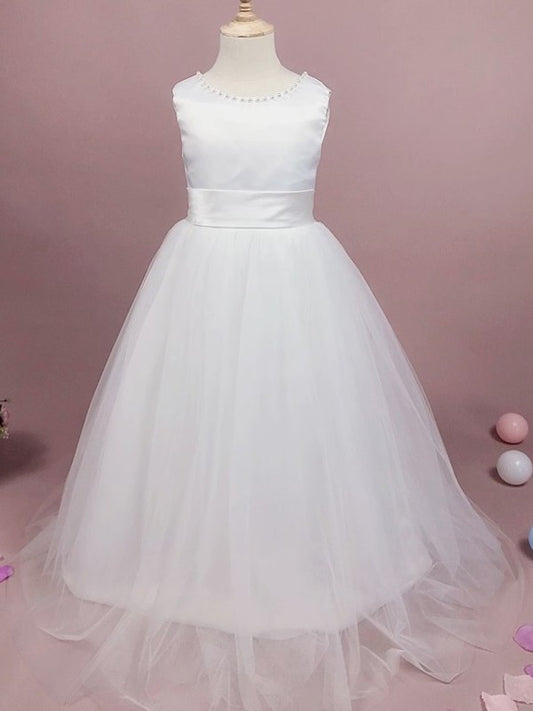 Sleeveless A-Line/Princess Bowknot Tulle Floor-Length Scoop Flower Girl Dresses