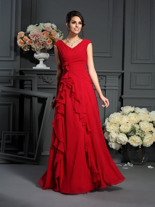 Flower Hand-Made A-Line/Princess Long Sleeveless Chiffon V-neck Mother of the Bride Dresses