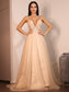 Applique V-neck A-Line/Princess Sweep/Brush Lace Sleeveless Train Wedding Dresses