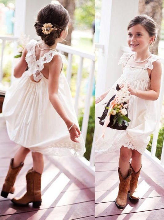 Chiffon Knee-Length Lace Sleeveless Square A-Line/Princess Flower Girl Dresses