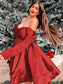 Ruffles A-Line/Princess Satin Long V-neck Sleeves Short/Mini Homecoming Dresses