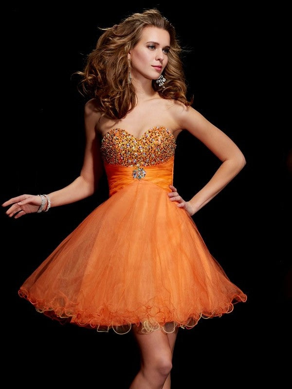 A-Line/Princess Beading Short Strapless Sleeveless Organza Homecoming Dresses