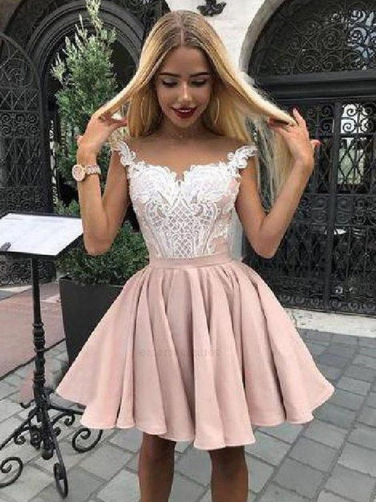 Sleeveless A-Line/Princess Satin Applique Off-the-Shoulder Short/Mini Homecoming Dress