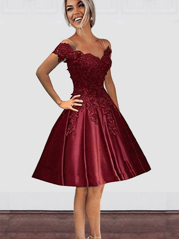 Cut With A-Line Short Applique Off-the-Shoulder Satin Burgundy Homecoming Dresses