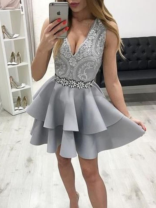 Applique Satin A-Line/Princess V-neck Sleeveless Short/Mini Homecoming Dress