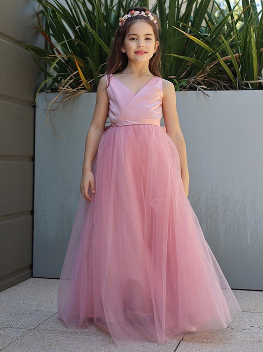 Bowknot Sleeveless A-Line/Princess Tulle V-neck Floor-Length Flower Girl Dresses