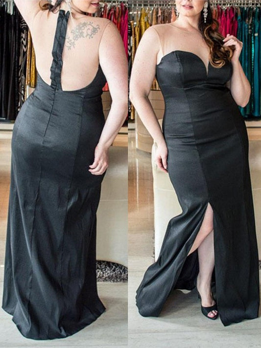 Elastic Ruched Sleeveless Satin Woven Floor-Length Sheath/Column Sweetheart Plus Size Dresses