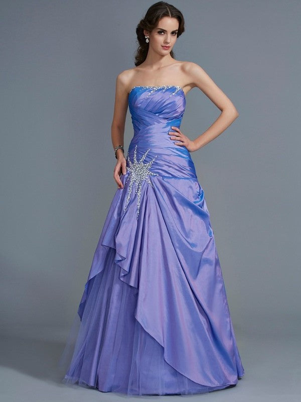 Strapless Sleeveless Long Beading Gown Ball Taffeta Quinceanera Dresses