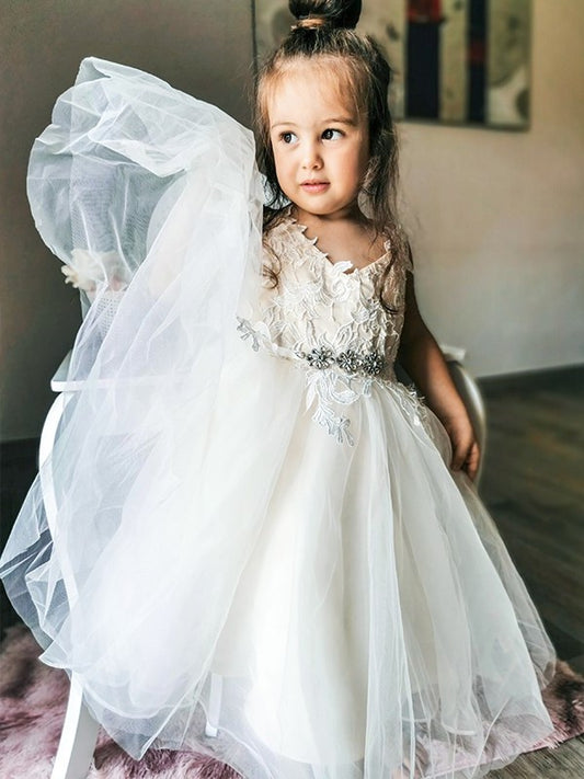 Ankle-Length Lace Tulle A-Line/Princess Sleeveless V-neck Flower Girl Dresses