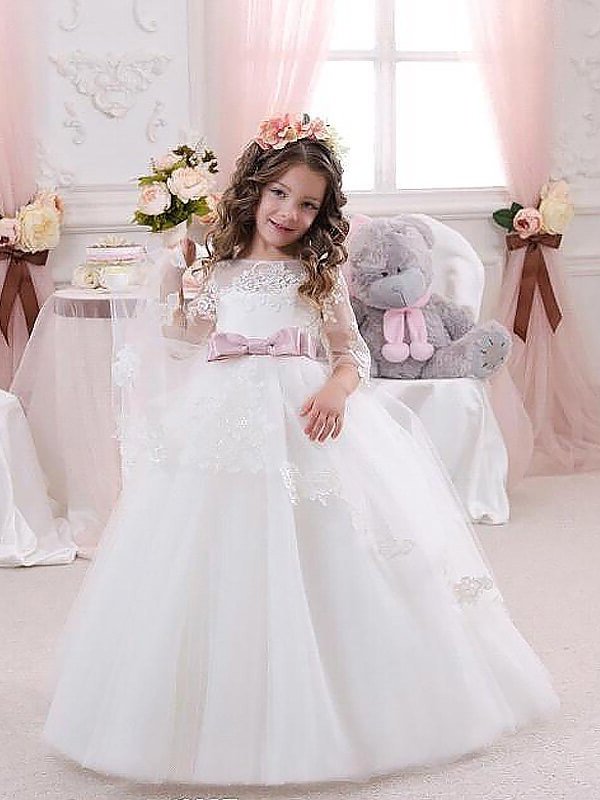 Ball Tulle Sleeves Floor-Length Jewel Lace 1/2 Gown Flower Girl Dresses